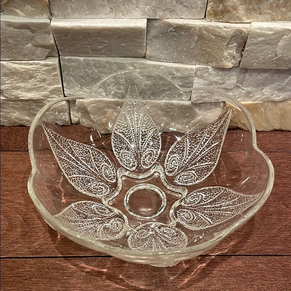 Vintage Pressed Cut Glass Bowl with Hobnail Leaf Pattern